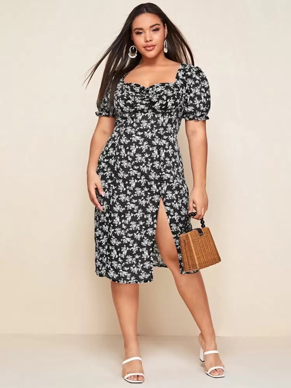 SHEIN Plus Sweetheart Neck Split Hem Milkmaid Dress